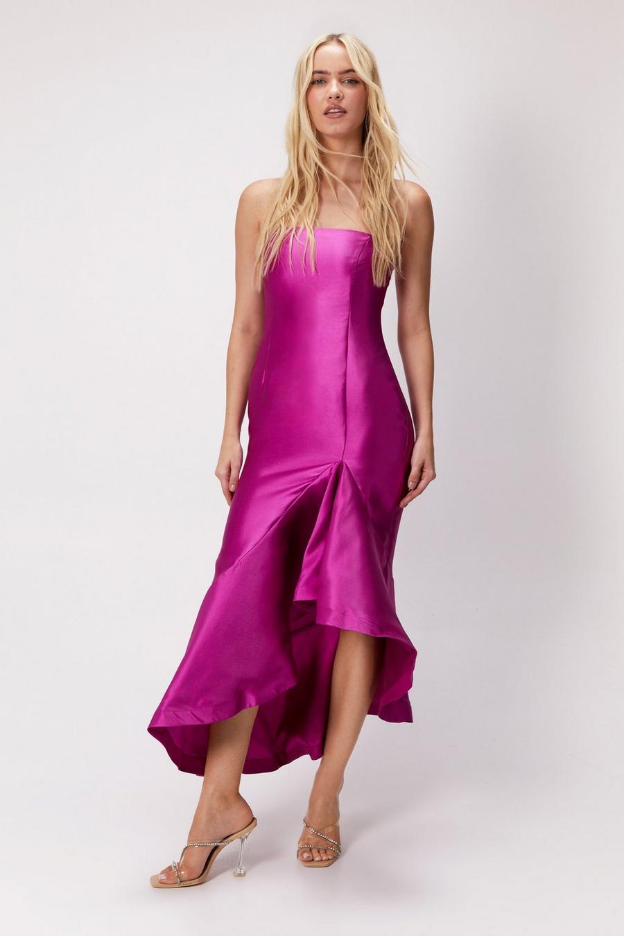 Magenta pink Structured Twill Ruffle Strappy Midi Dress