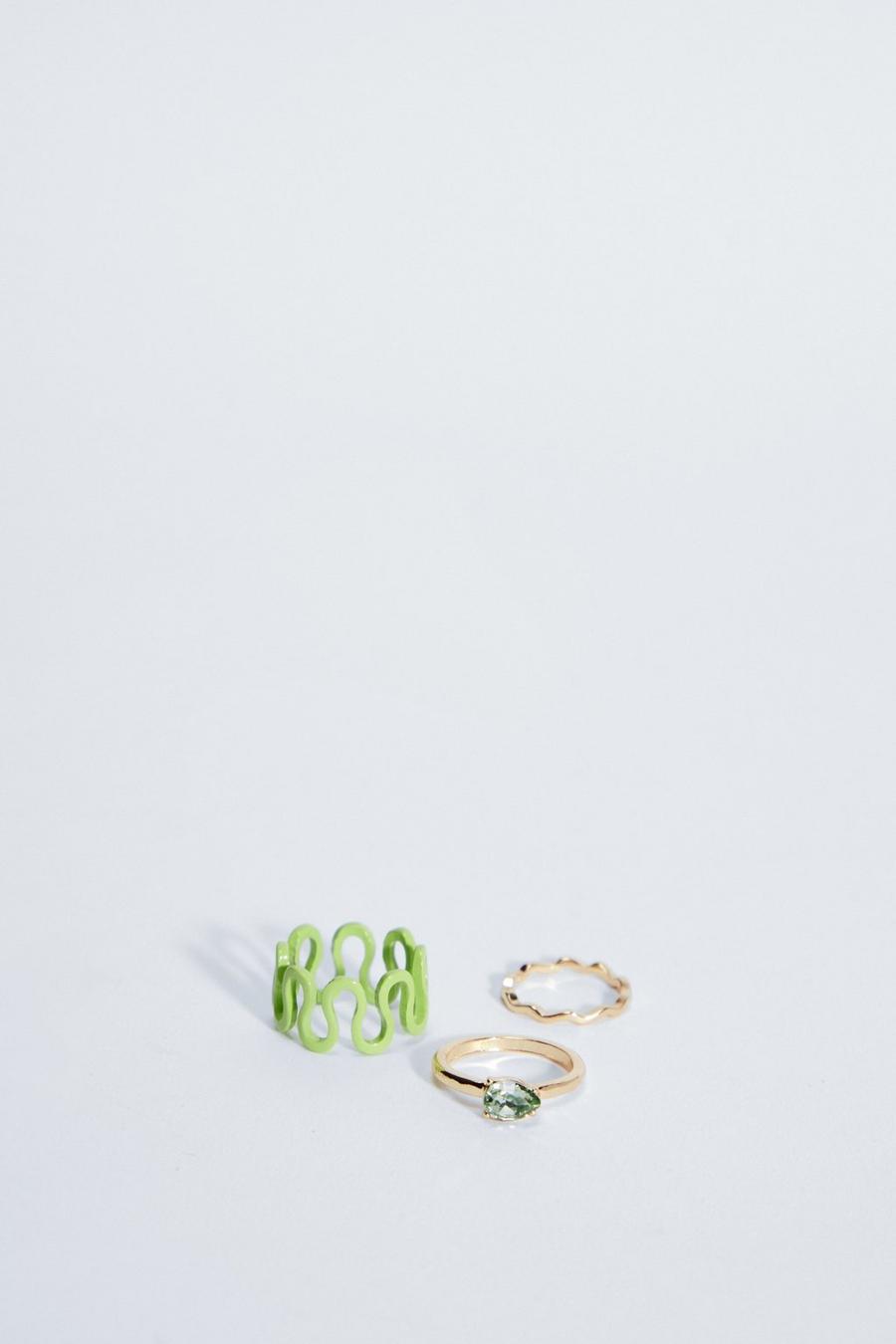 Green 3 Pcs Curvy Embellished Ring Pack image number 1