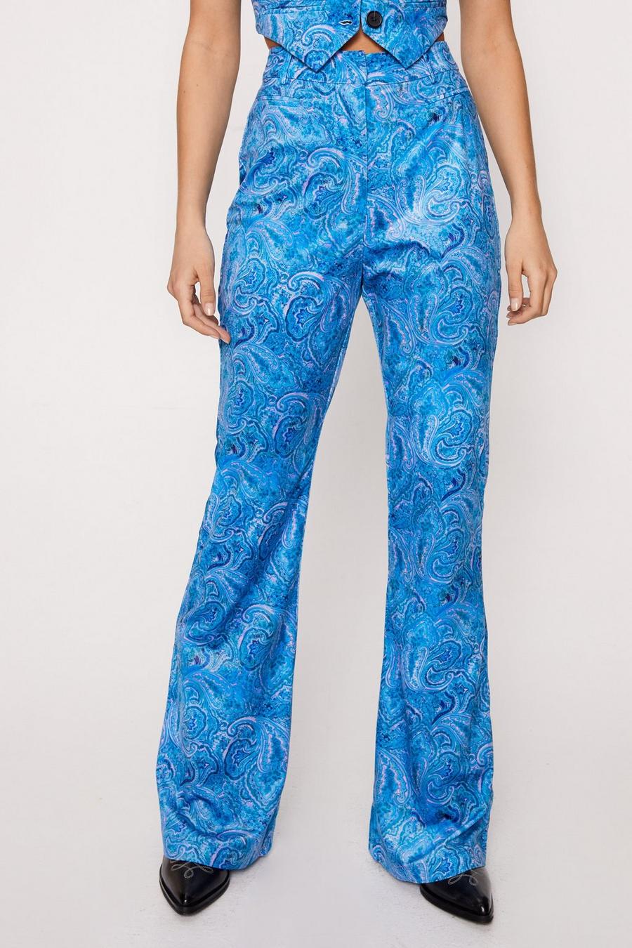 Blue Premium Paisley Velvet Tailored Flare Pants