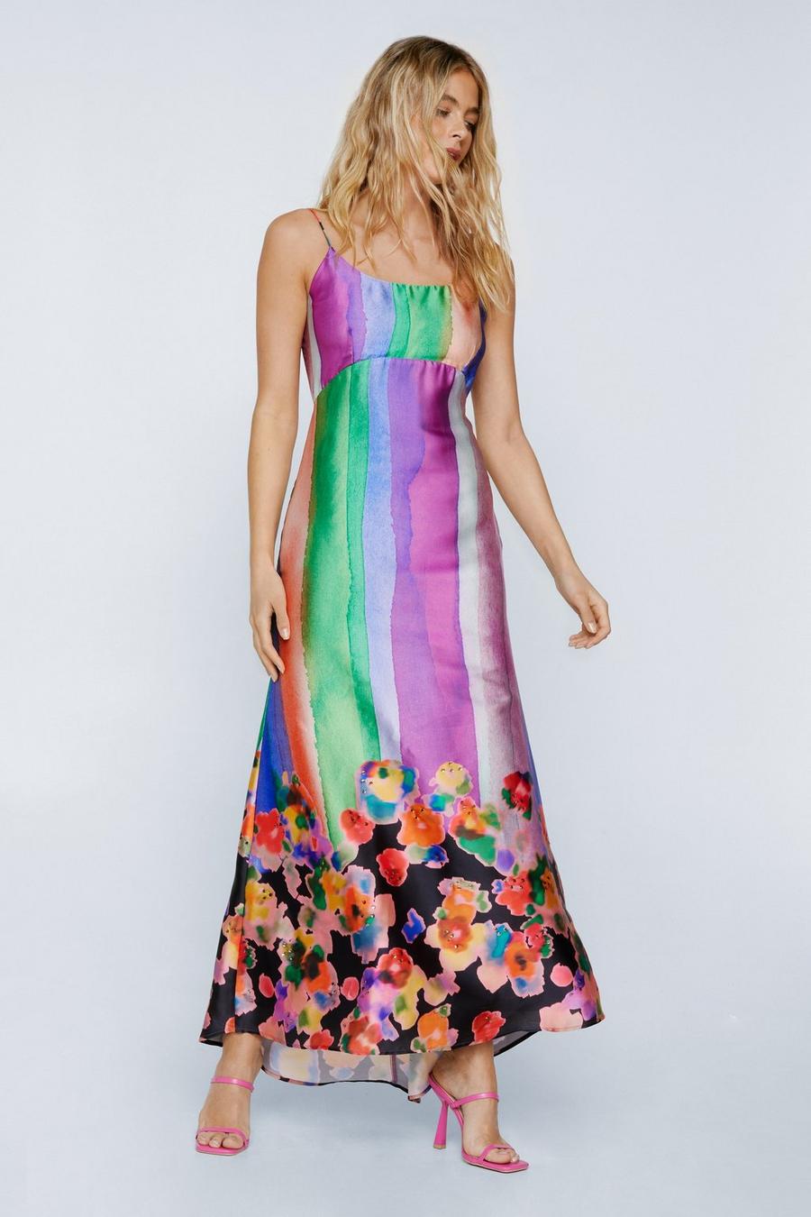 Multi Tie Dye Floral Placement Print Embellished Maxi Dress