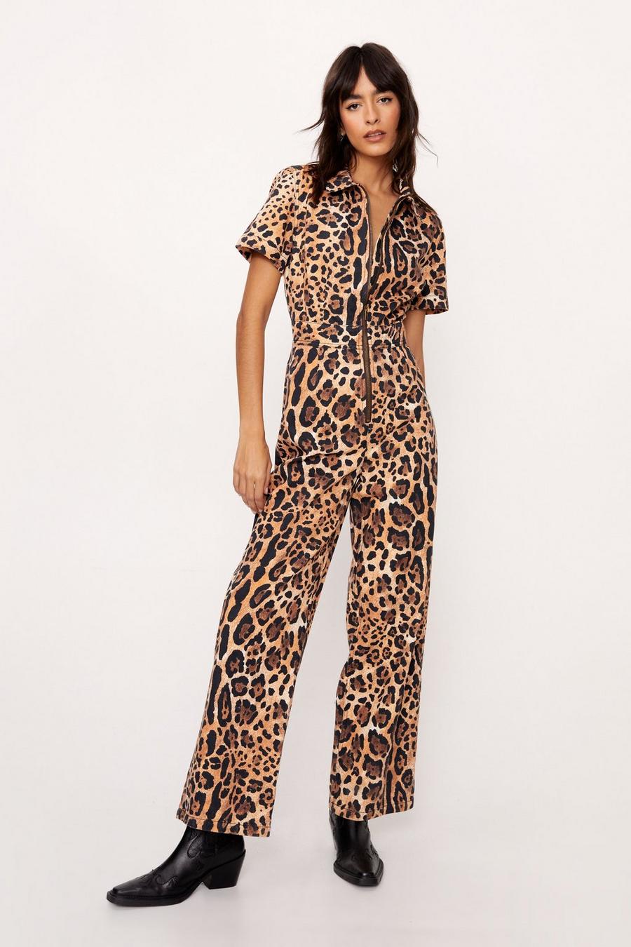 Tan Denim Leopard Zip Through Plunge Wide Leg Jumpsuit image number 1
