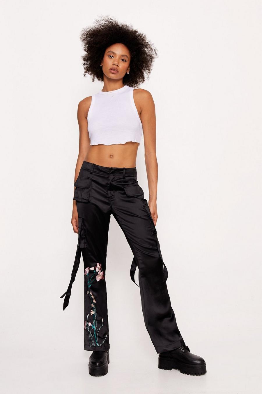 Women's Satin Embroidered Strappy Cargo Pants | Boohoo UK