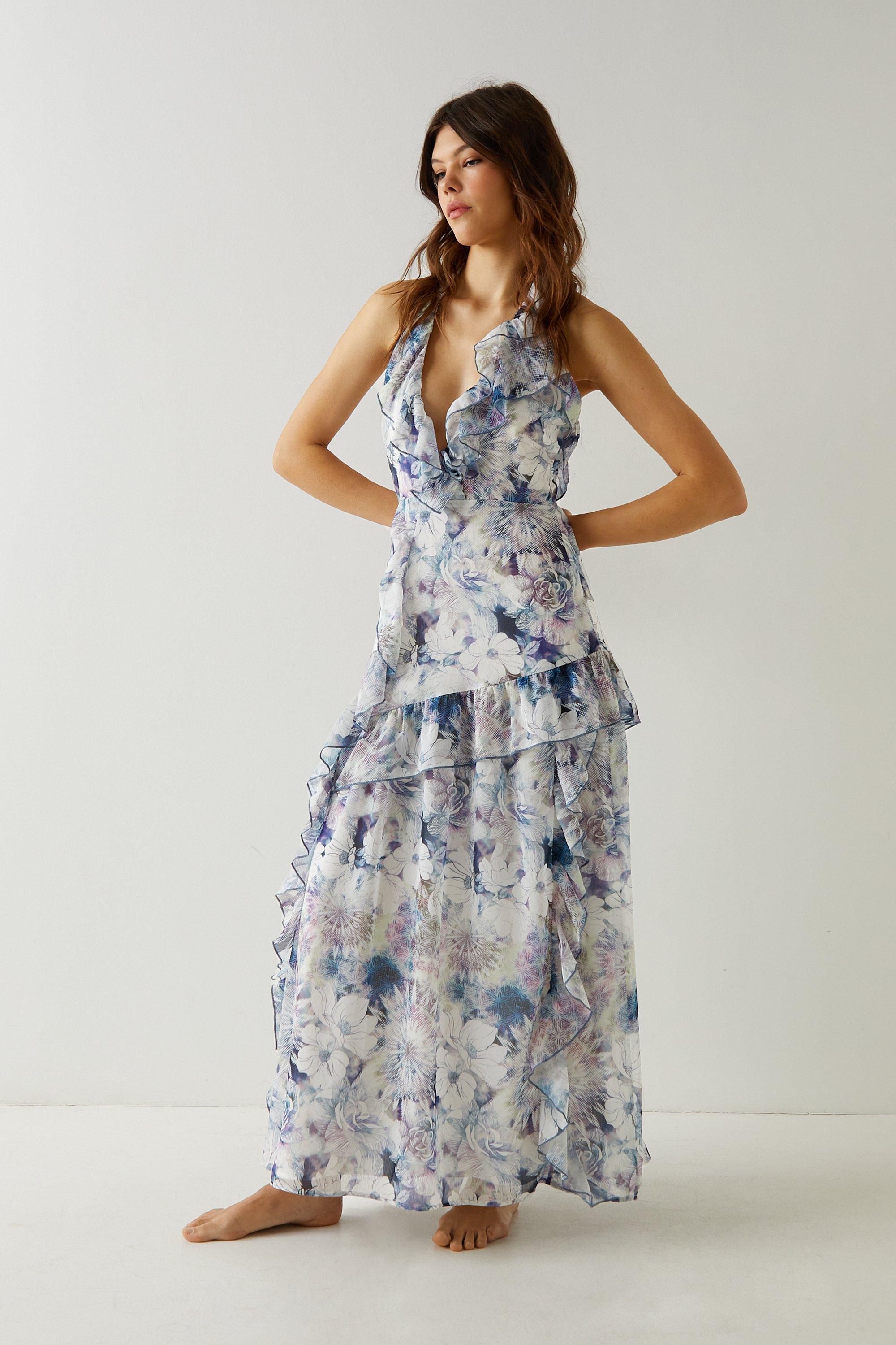 Canaiolo Blue Floral Strappy Corset Split Maxi Dress – Club L