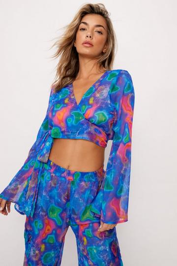 Basic Crinkle Chiffon Water Print Wrap Cover Up Top blue
