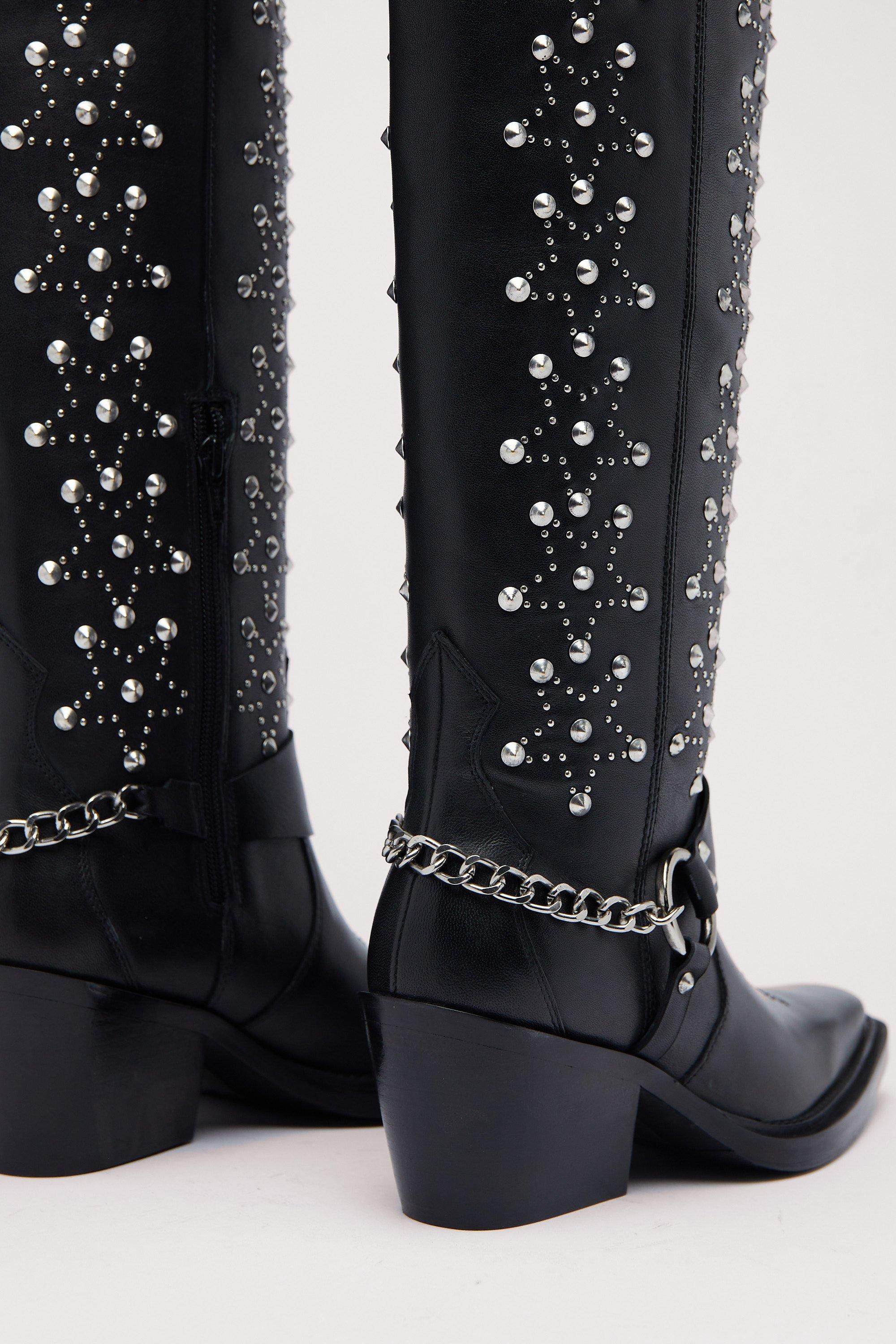 Leather Star Studded Knee High Cowboy Boots boohoo UK