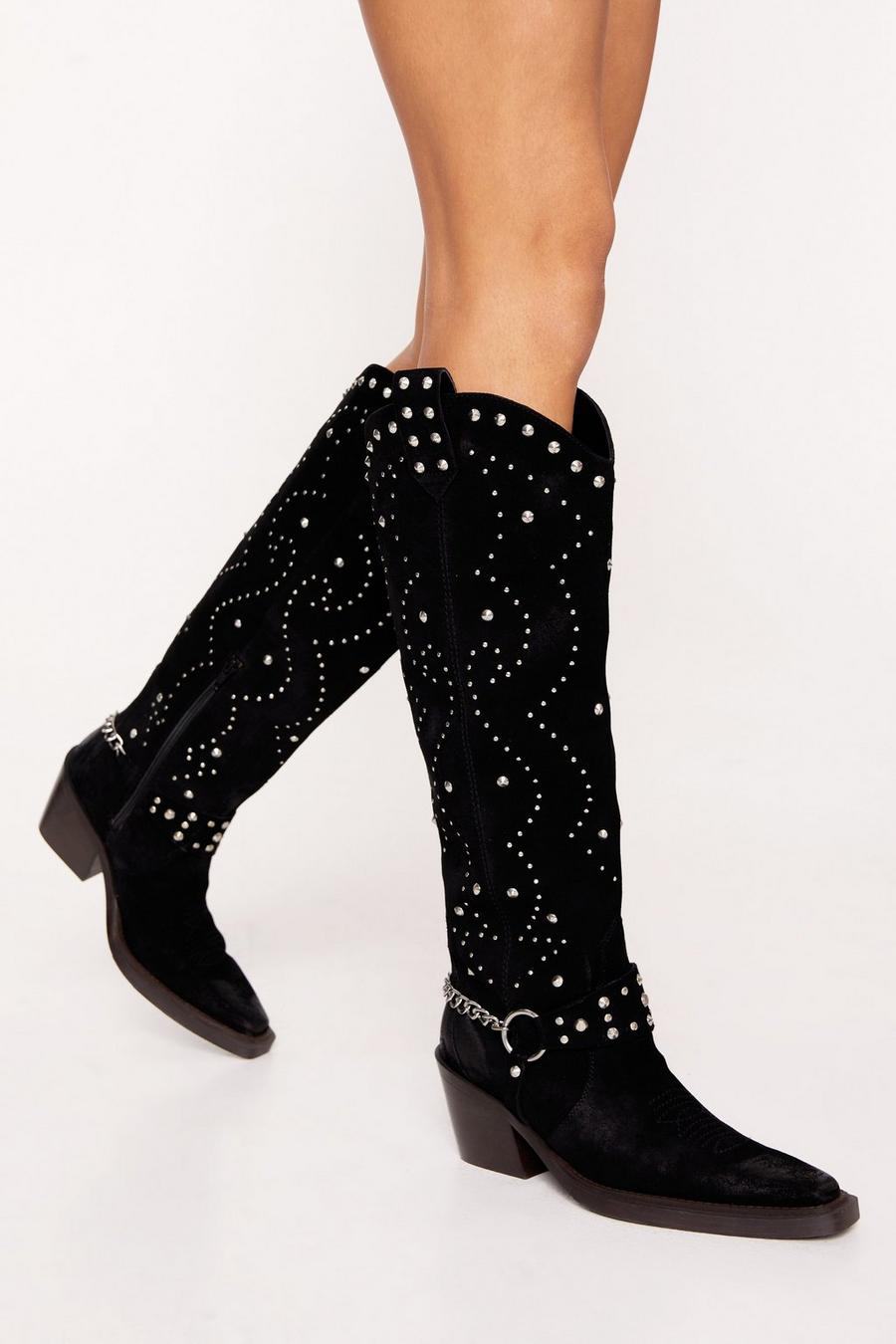 Black Suede Studded Harnes Knee High Cowboy Boot
