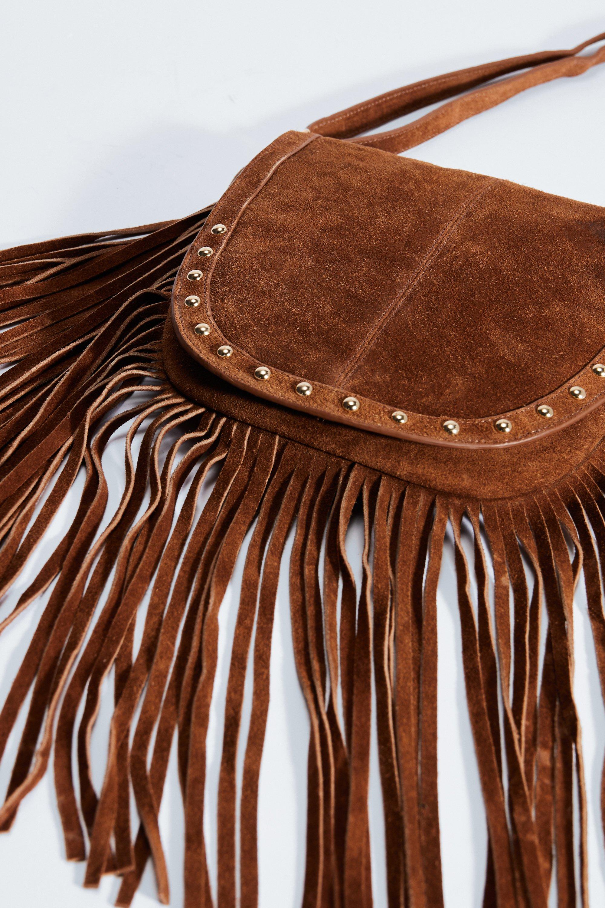 Suede Fringe Studded Cross Body Bag