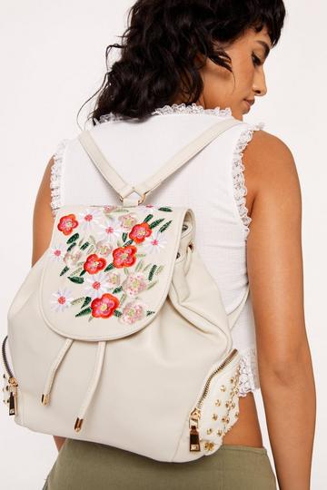 Floral Embriodery & Studded Backpack cream