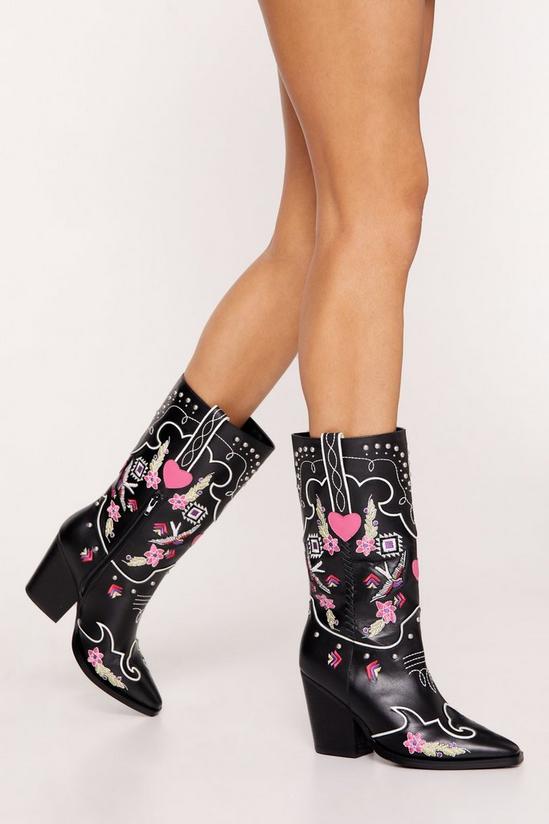NastyGal Leather Floral Embriodery & Heart Detail Cowboy Boots 1