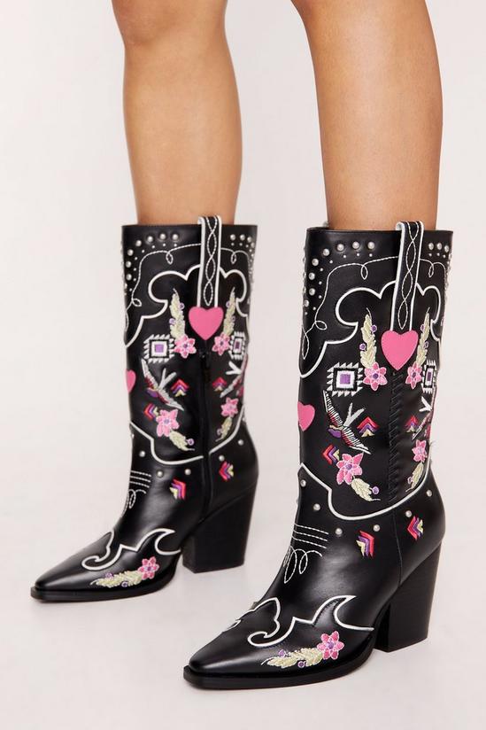 NastyGal Leather Floral Embriodery & Heart Detail Cowboy Boots 2