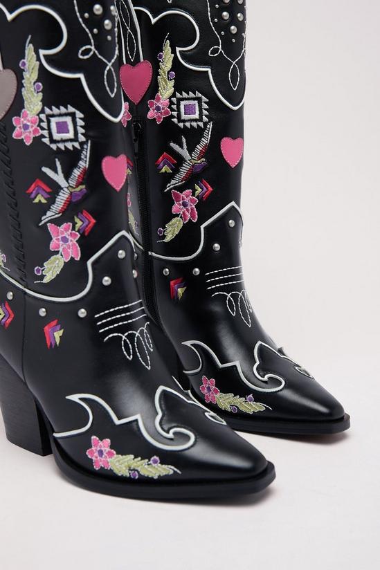 NastyGal Leather Floral Embriodery & Heart Detail Cowboy Boots 4