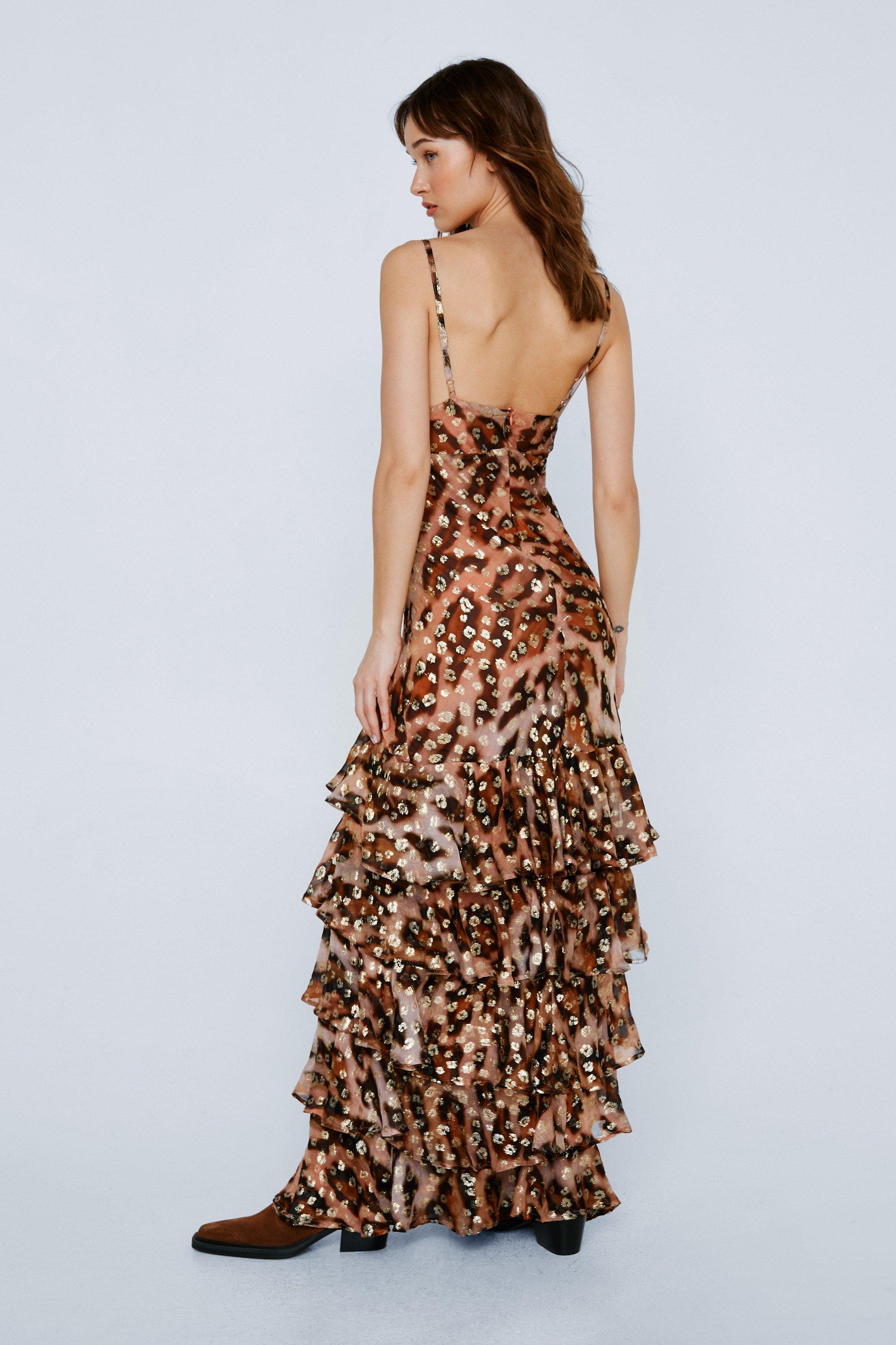 Women's Petite Leopard Metallic Ruffle Strappy Maxi Dress