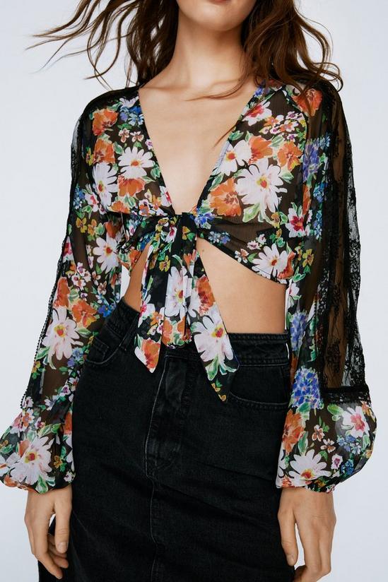 NastyGal Floral Chiffon Lace Trim Tie Front Top 2