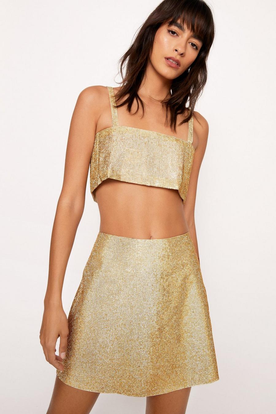 Gold  All Over Diamante A Line Mini Skirt 