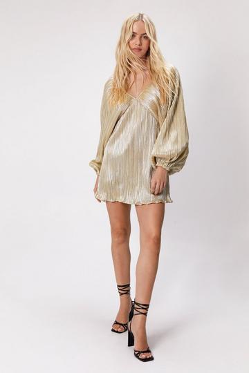 Gold Metallic Metallic Pleated Balloon Sleeve Mini Dress