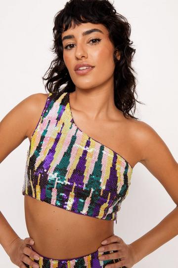 Stripe Sequin One Shoulder Crop Top purple