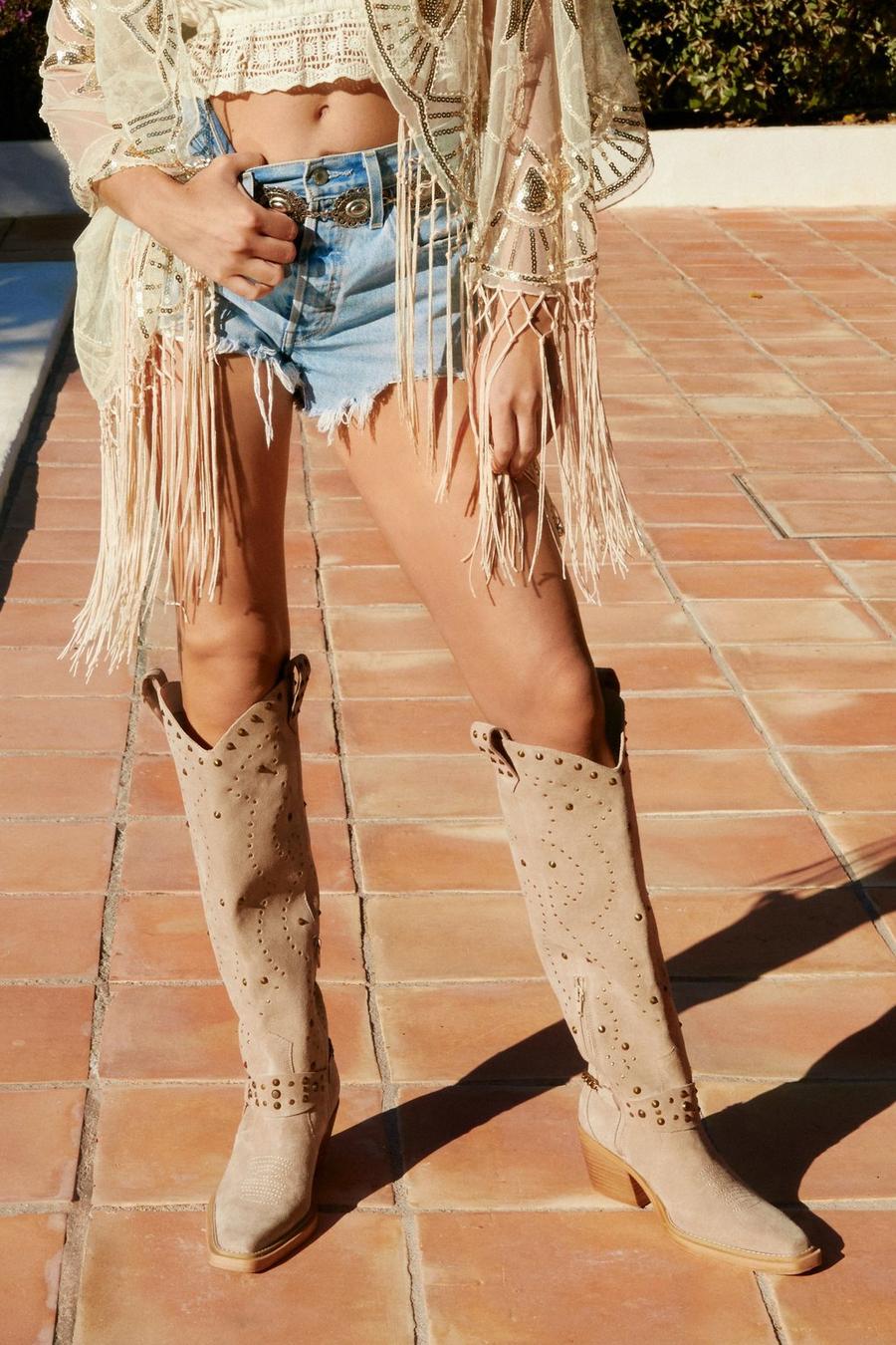 Beige Suede Studded Harness Knee High Cowboy Boots