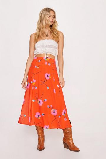 Floral Split Midi Skirt red