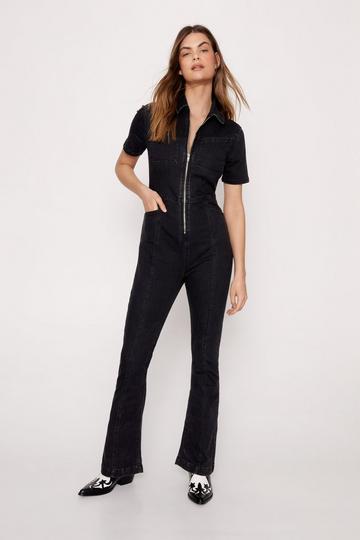 Seam Front Zip Through Denim Flare Jumpsuit washed black