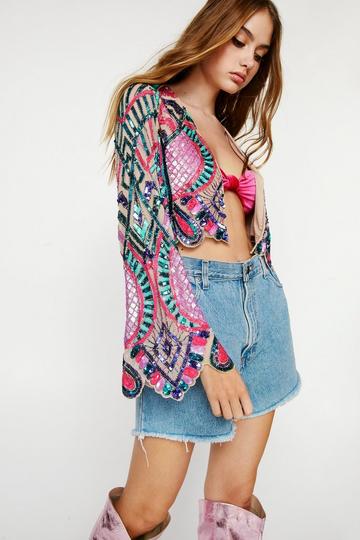 Embellished Abstract Beaded Cropped Kimono multi