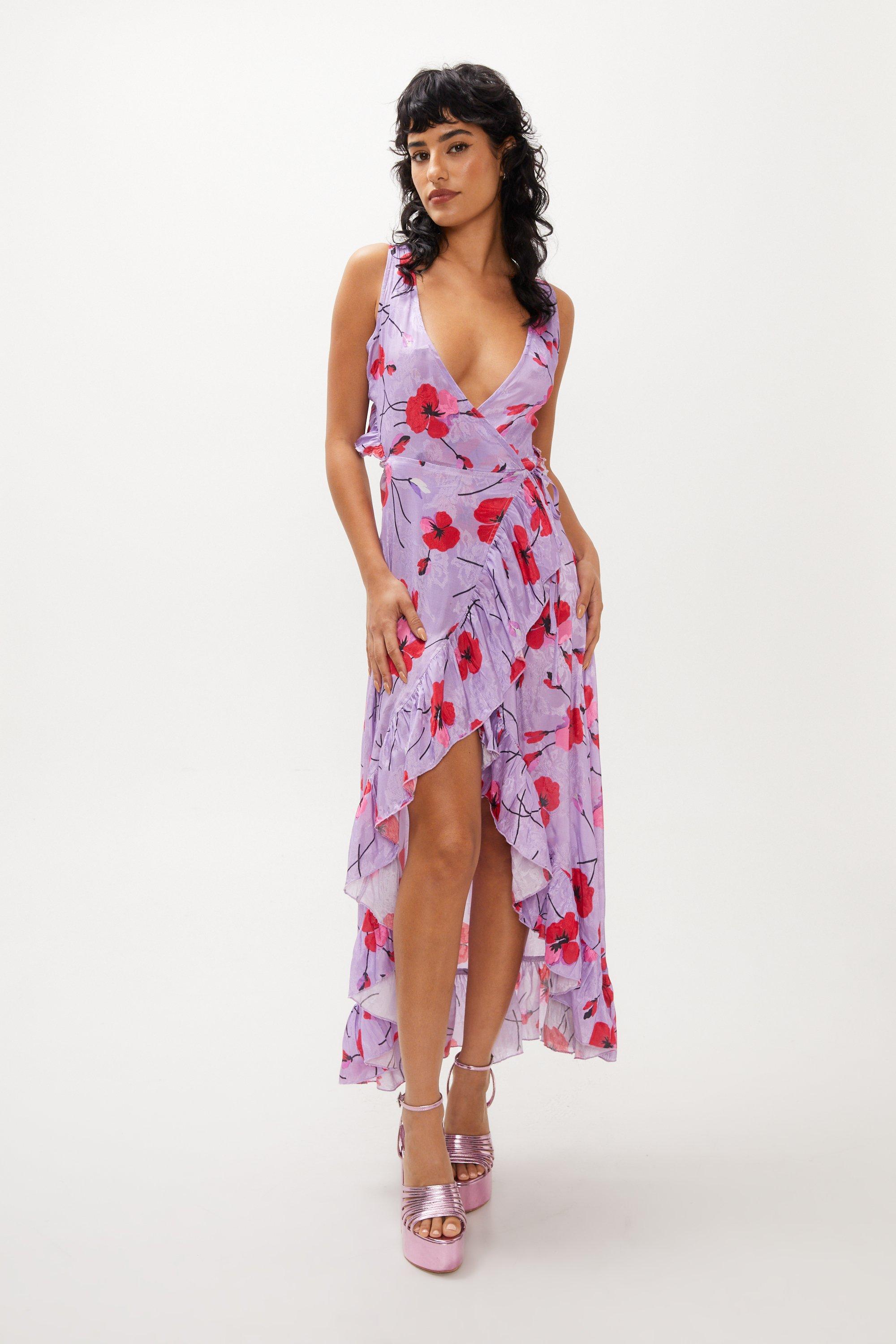 Floral Jacquard Wrap Plunge Maxi Dress | Boohoo UK