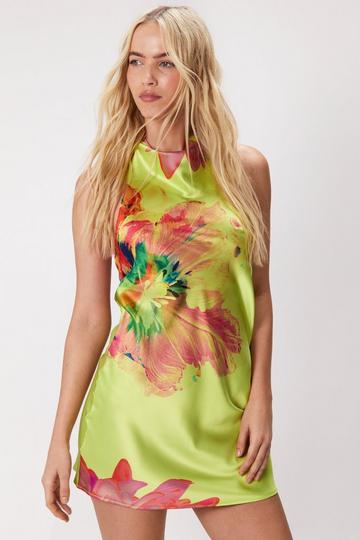 Graphic Floral Halterneck Satin Mini Dress lime