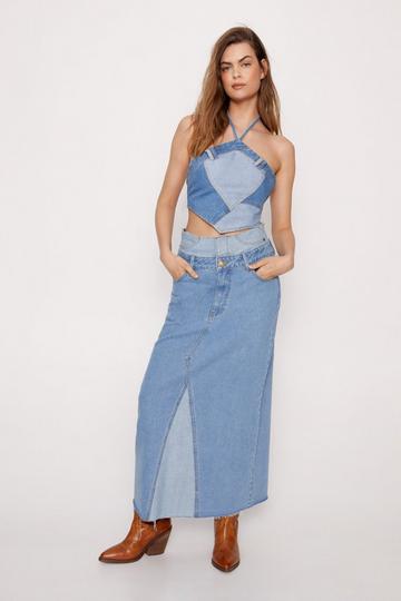 Two Tone Double Waistband Denim Maxi Skirt mid blue