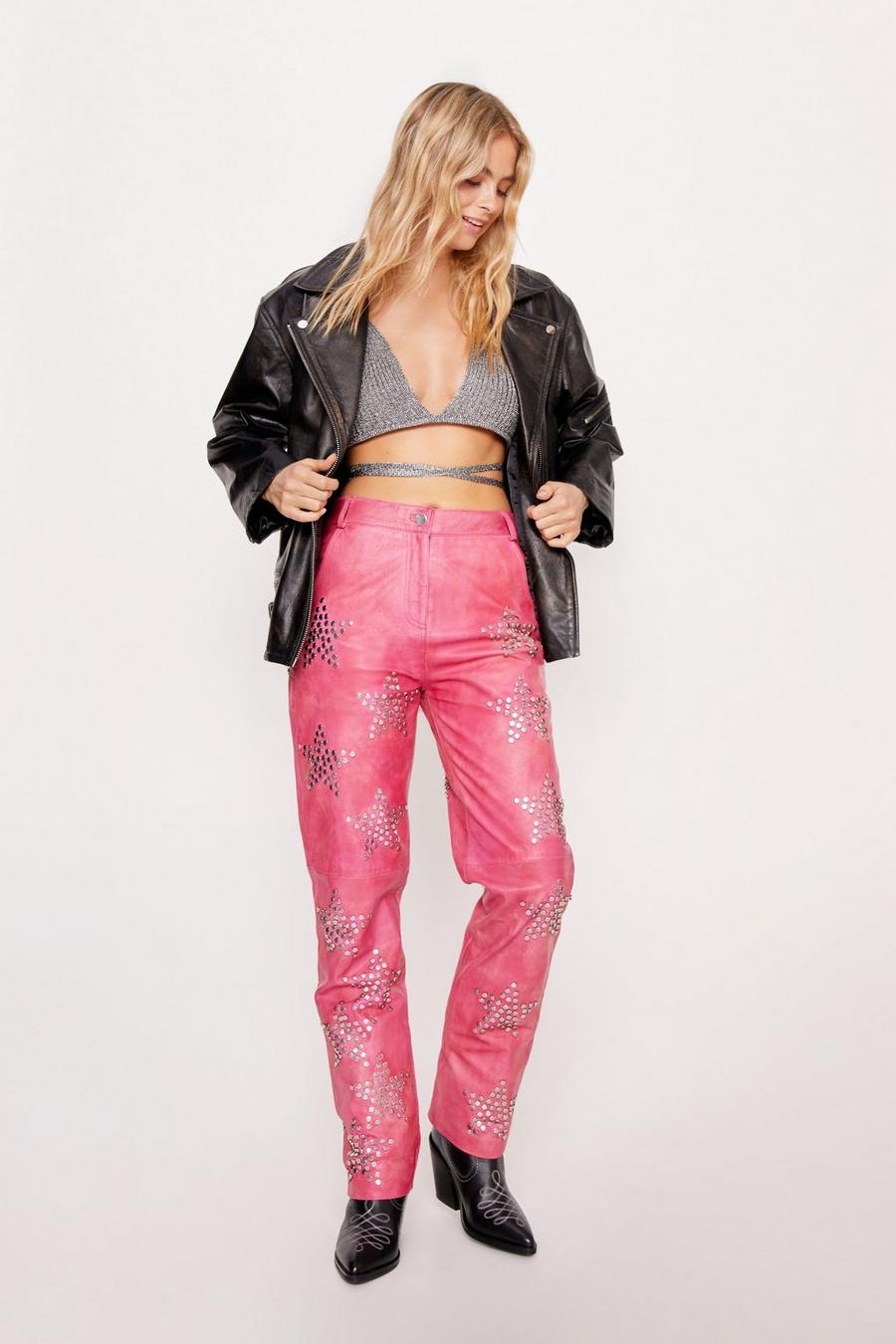 Hot pink Petite Real Leather Star Studded Straight Leg Pants