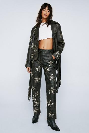 Real Leather Star Studded Straight Leg Pants black