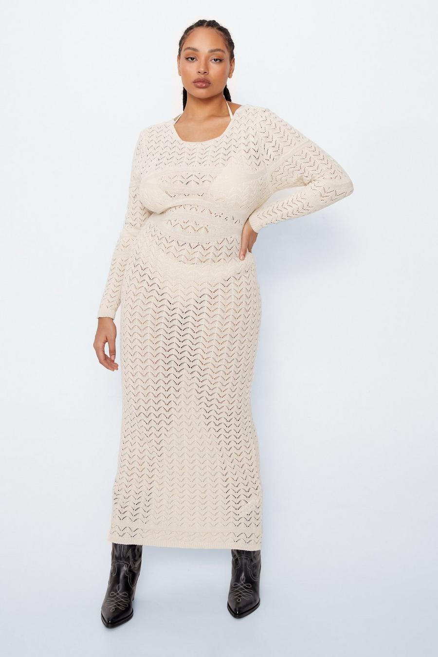 Ecru white Plus Size Long Sleeve Open Back Crochet Maxi Dress