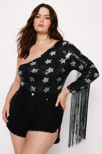 Plus Size One Shoulder Star Sequin Fringe Bodysuit mono