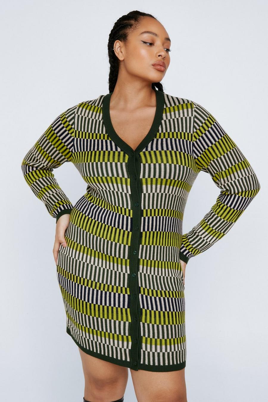Khaki Plus Size Contrast Stripe Button Up Knit Mini Dress image number 1