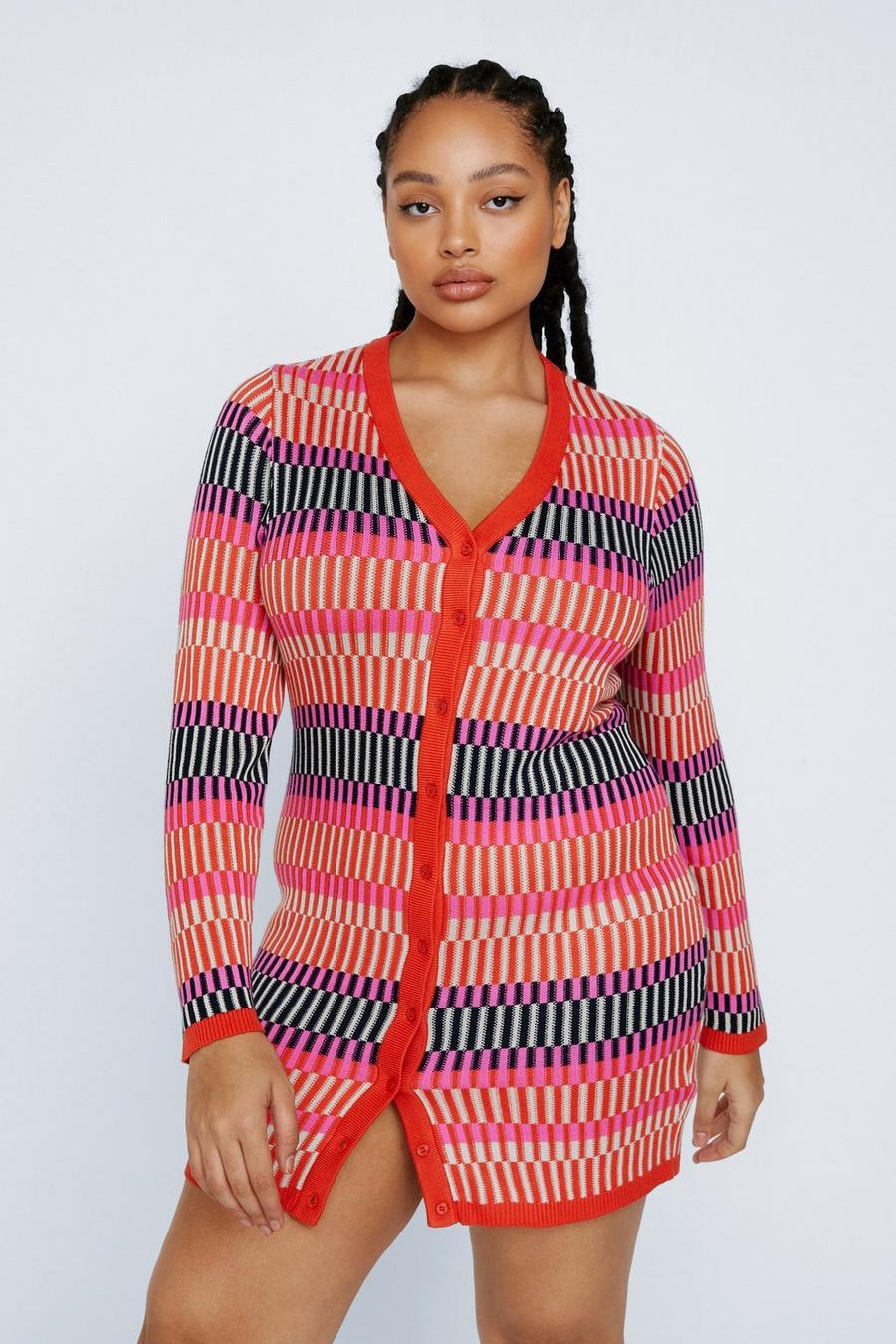Pink Plus Size Contrast Stripe Button Up Knit Mini Dress