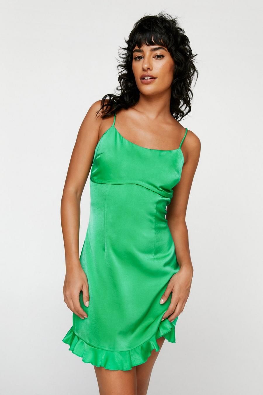 Green Satin Strappy Ruffle Hem Mini Dress image number 1