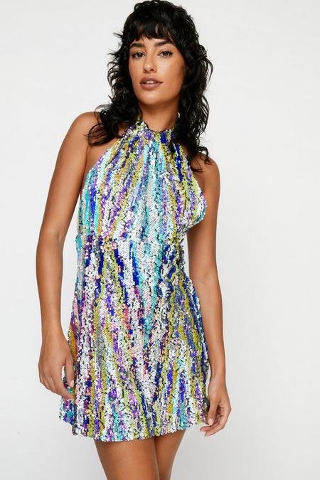 boohoo.com | Stripe Sequin Halterneck Mini Dress
