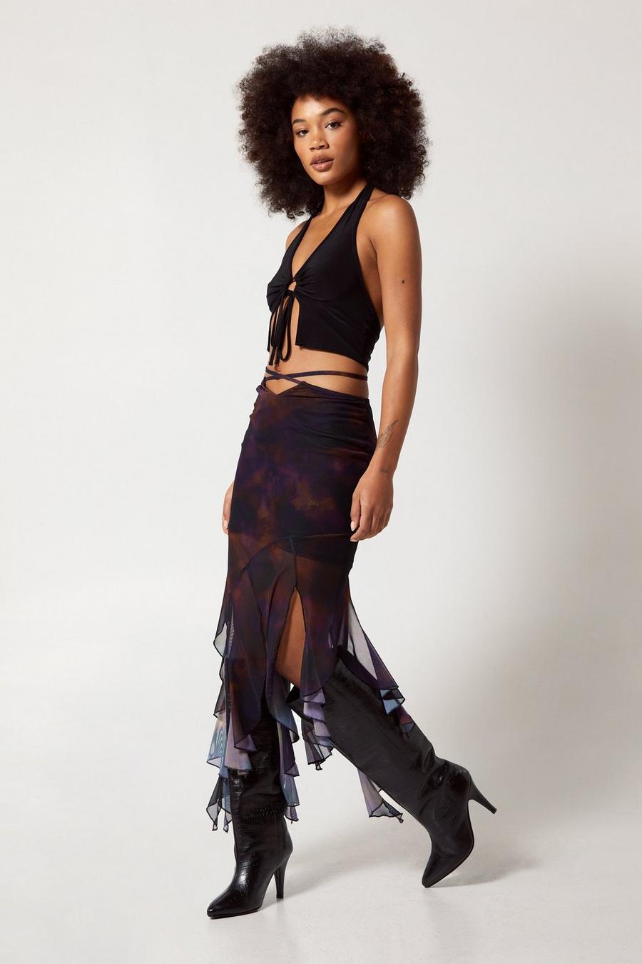 Purple Asymmetric Strappy Waist Mesh Midi Skirt