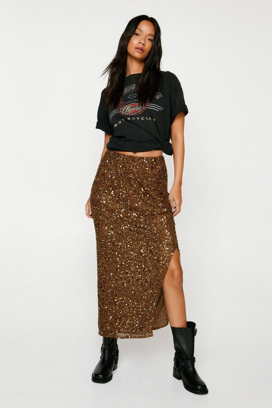 Gold Sequin Split Maxi Skirt