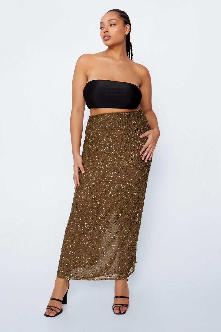 Gold Plus Size Sequin Maxi Skirt