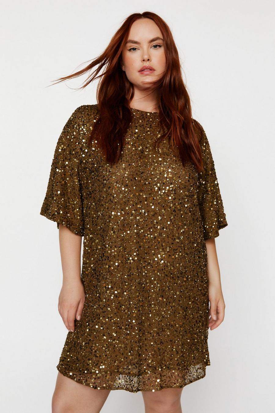 Gold metallic Plus Size Cluster Sequin Slouch Shift Dress image number 1