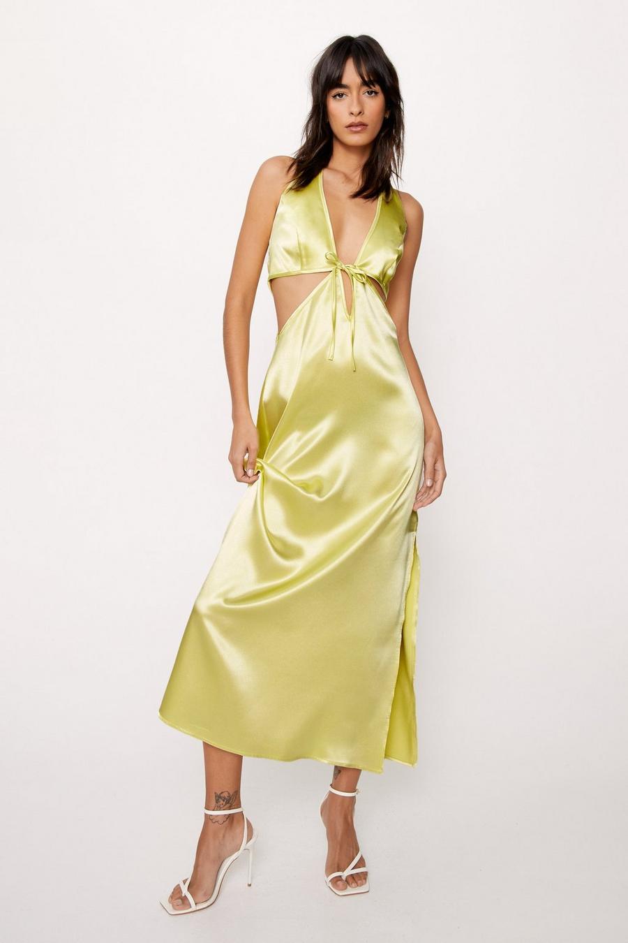 Lime Satin Halterneck Cut Out Maxi Dress