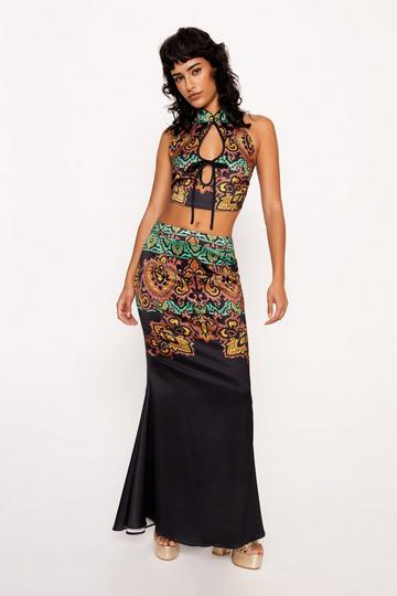 Paisley Print Satin Maxi Skirt black