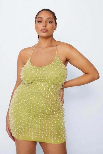 Lime Green Plus Size Drop Bead Strappy Mini Dress