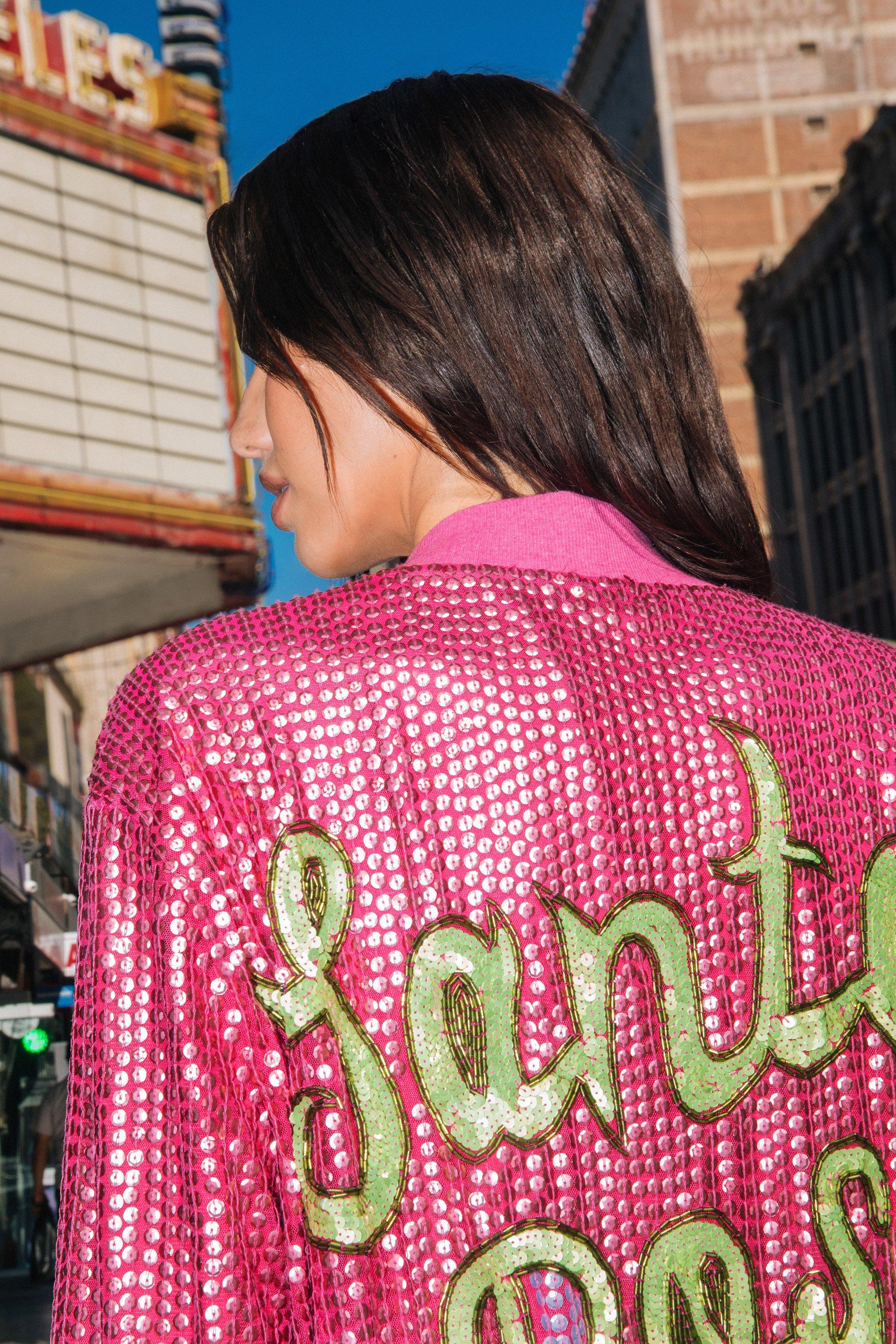 Pink sequin jacket womens best sale