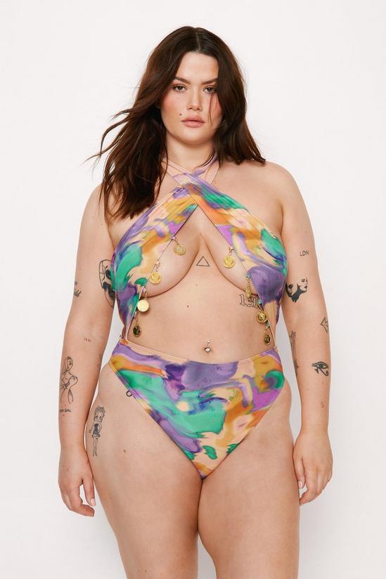 NastyGal Plus Size Marble Coin Trim Wrap Cut Out Swimsuit 1