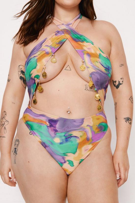 NastyGal Plus Size Marble Coin Trim Wrap Cut Out Swimsuit 2