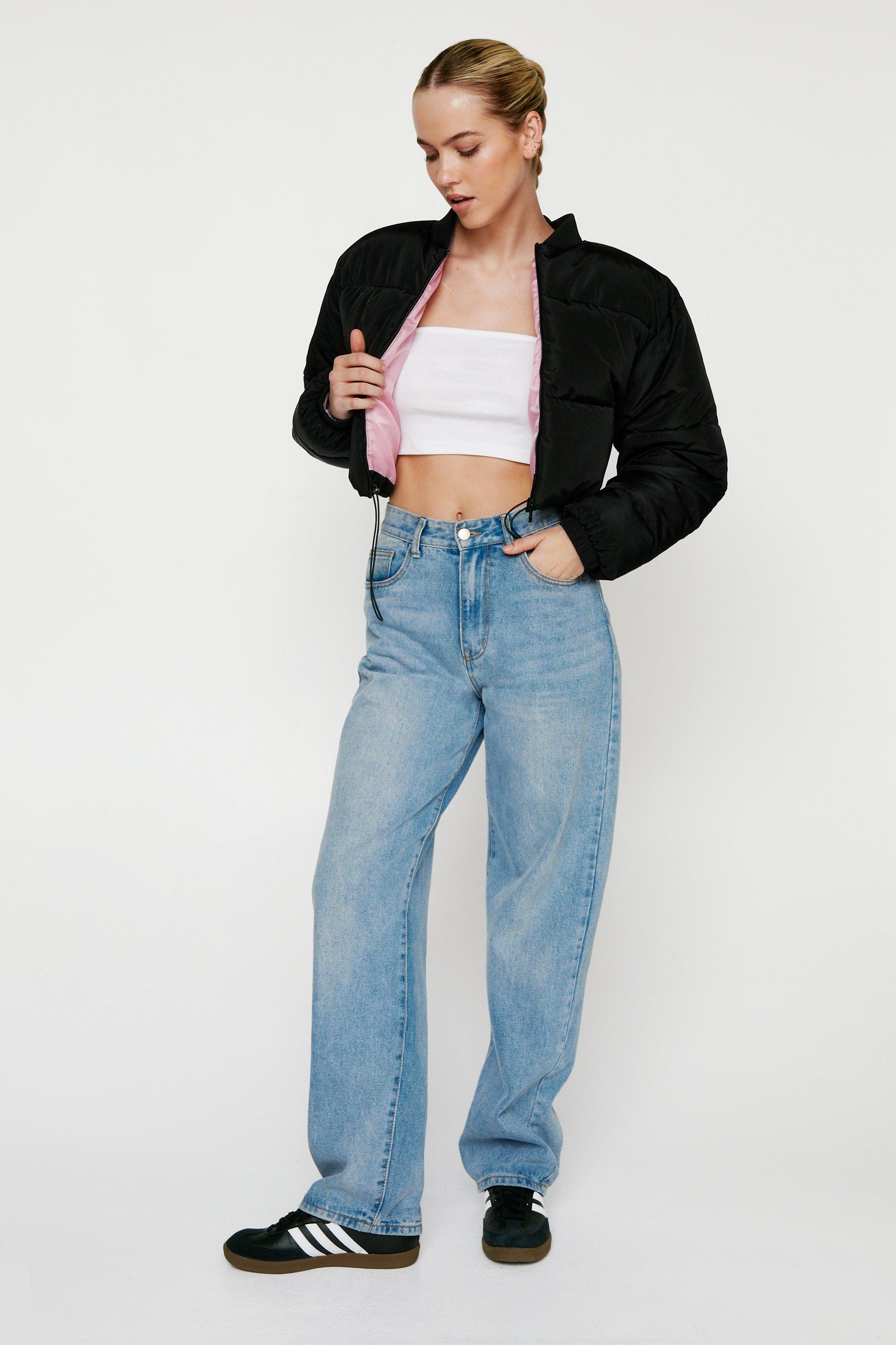 Cropped Drawstring Waist Padded Bomber Jacket