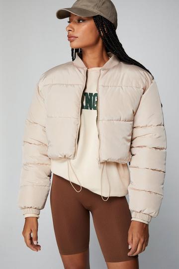 Cropped Drawstring Waist Padded Bomber Jacket neutral