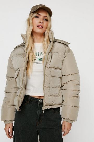 Oversized Hooded Pocket Detail Puffer Jacket neutral