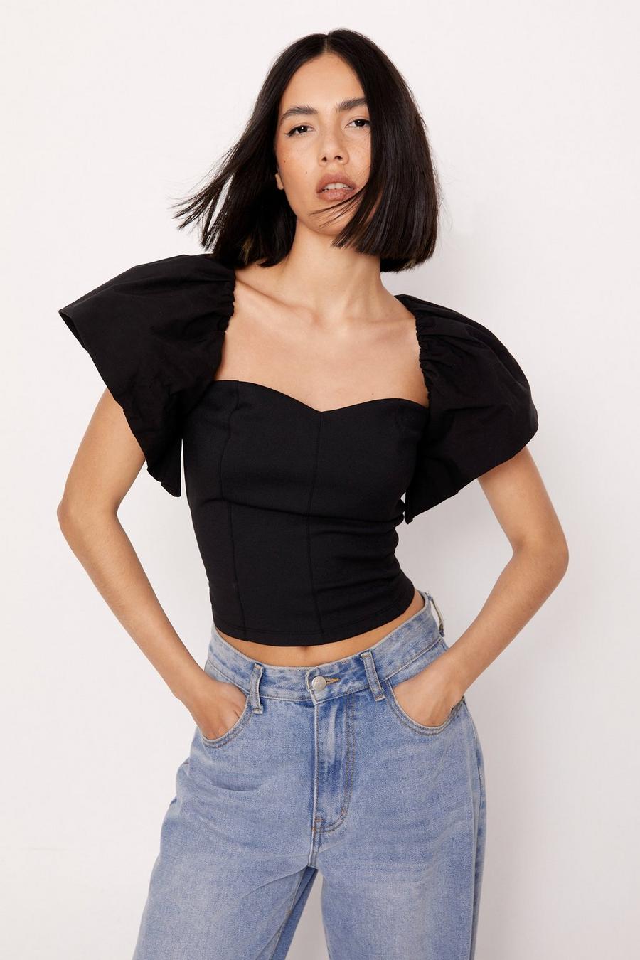 Black Ponte Sweetheart Neckline Puff Sleeve Woven Mix Top image number 1