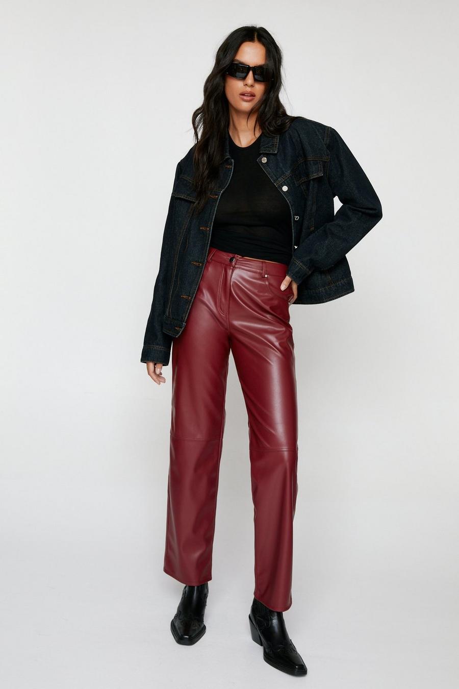 Oxblood Faux Leather Straight Leg Trousers